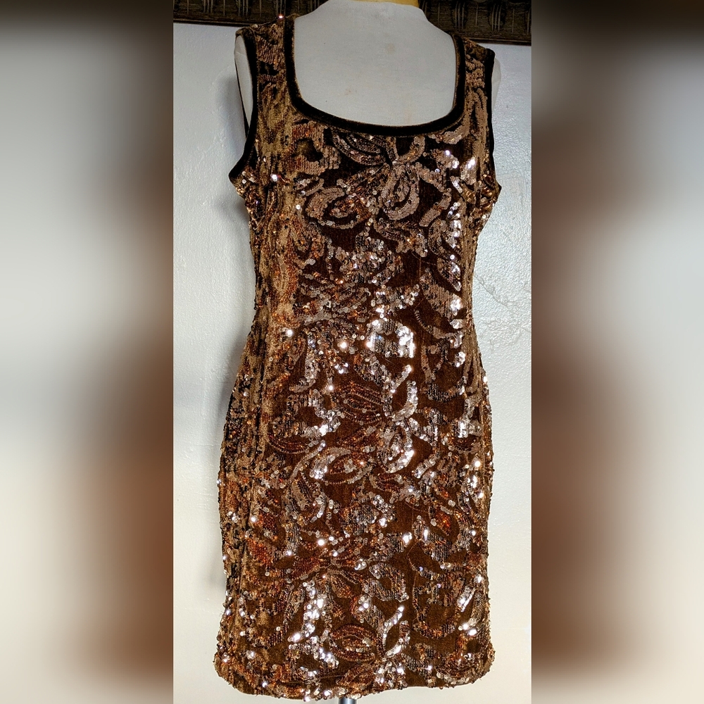 Flounce London Bronze Gold Sequin Mini Dress: Size 10.
